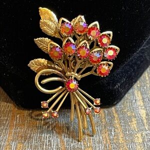 Vintage Red Aurora Borealis Gold Tone Floral Spray Brooch